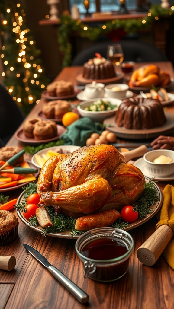 A Harry Potter-themed Christmas feast with roasted turkey, vegetables, Yorkshire pudding, and Christmas pudding on a festive table.